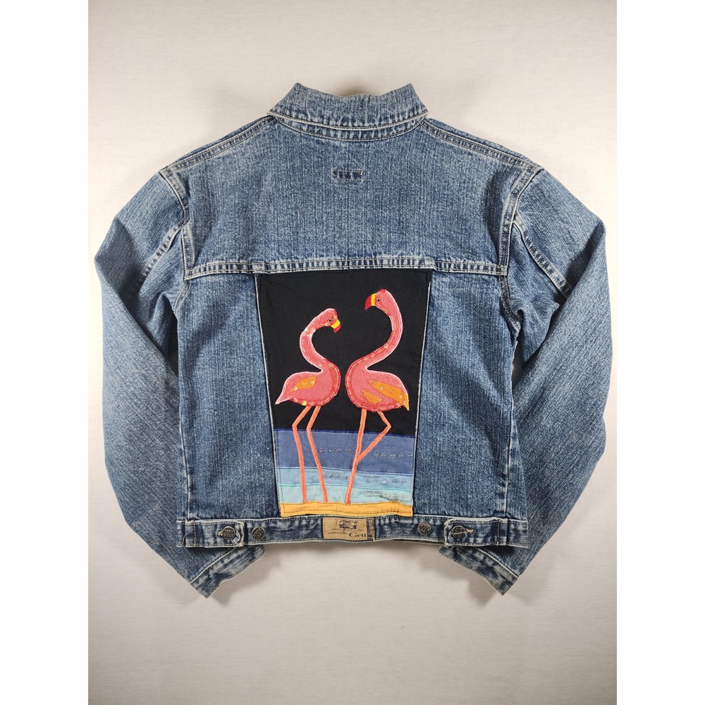 Vintage Flamingos Patch Denim Jacket Womens 40 Gell Jeans Sequin Trucker Retro